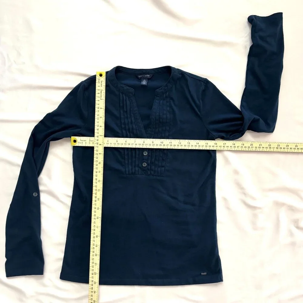 Tommy‎ Hilfiger - Pleated Bib LS Henley w/Roll Tab Sleeves - Navy - Size XS